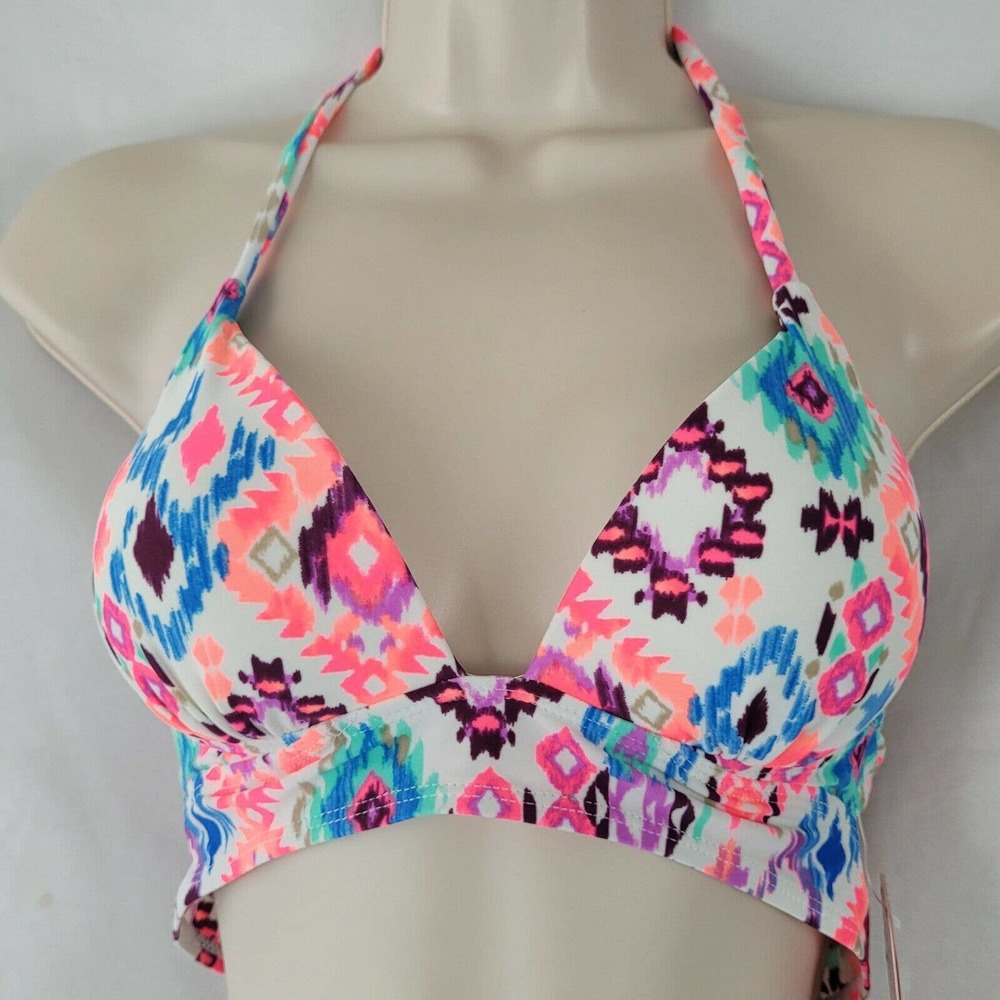 Hula Honey Multicolor Ikat Halter Bikini Top - Coral, Turquoise, Purple on White